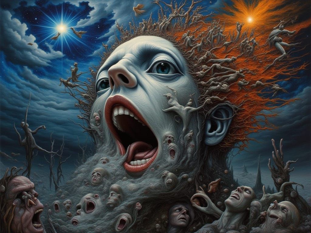 Fractal Man with Multiple Faces and Screaming Figures