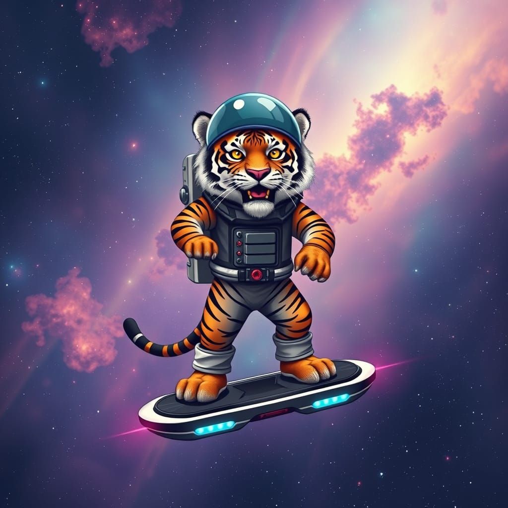 Cyberpunk Tiger Rides Hoverboard through Vibrant Galaxy