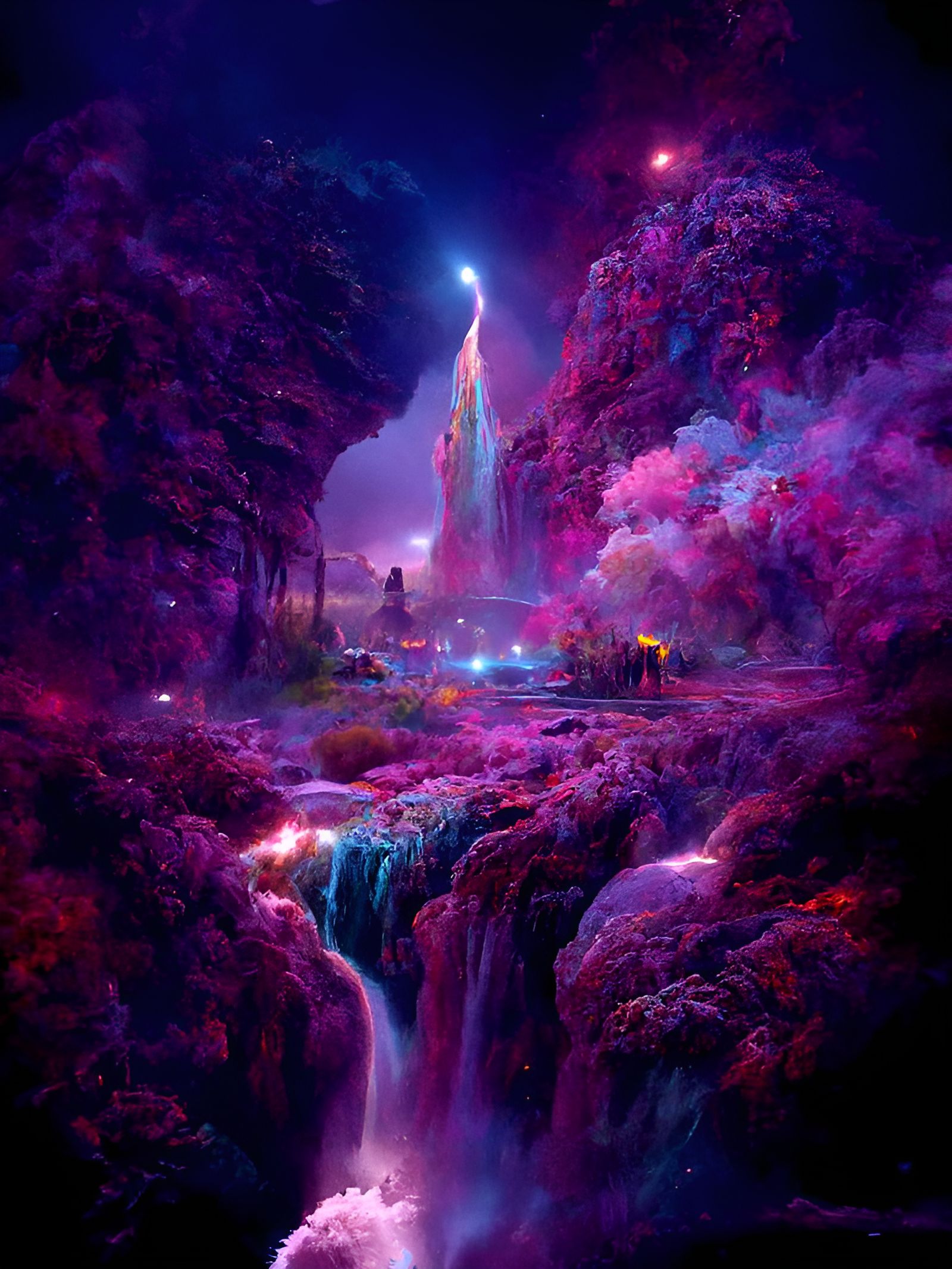 Enchanting Fantasy Landscape with Waterfall, Digital Illustr...