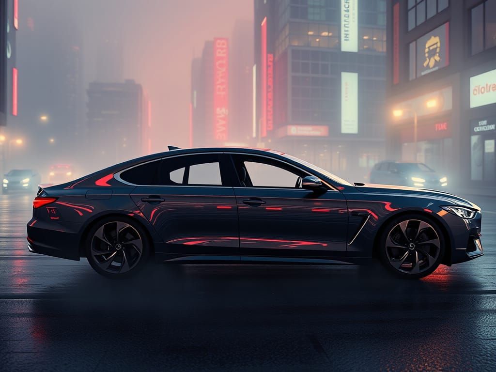 Luxury Sedan in Neon Cityscape: Matte Painting