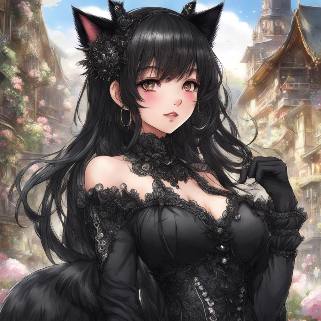 Anime Neko Girl with Black Hair and Cat Features