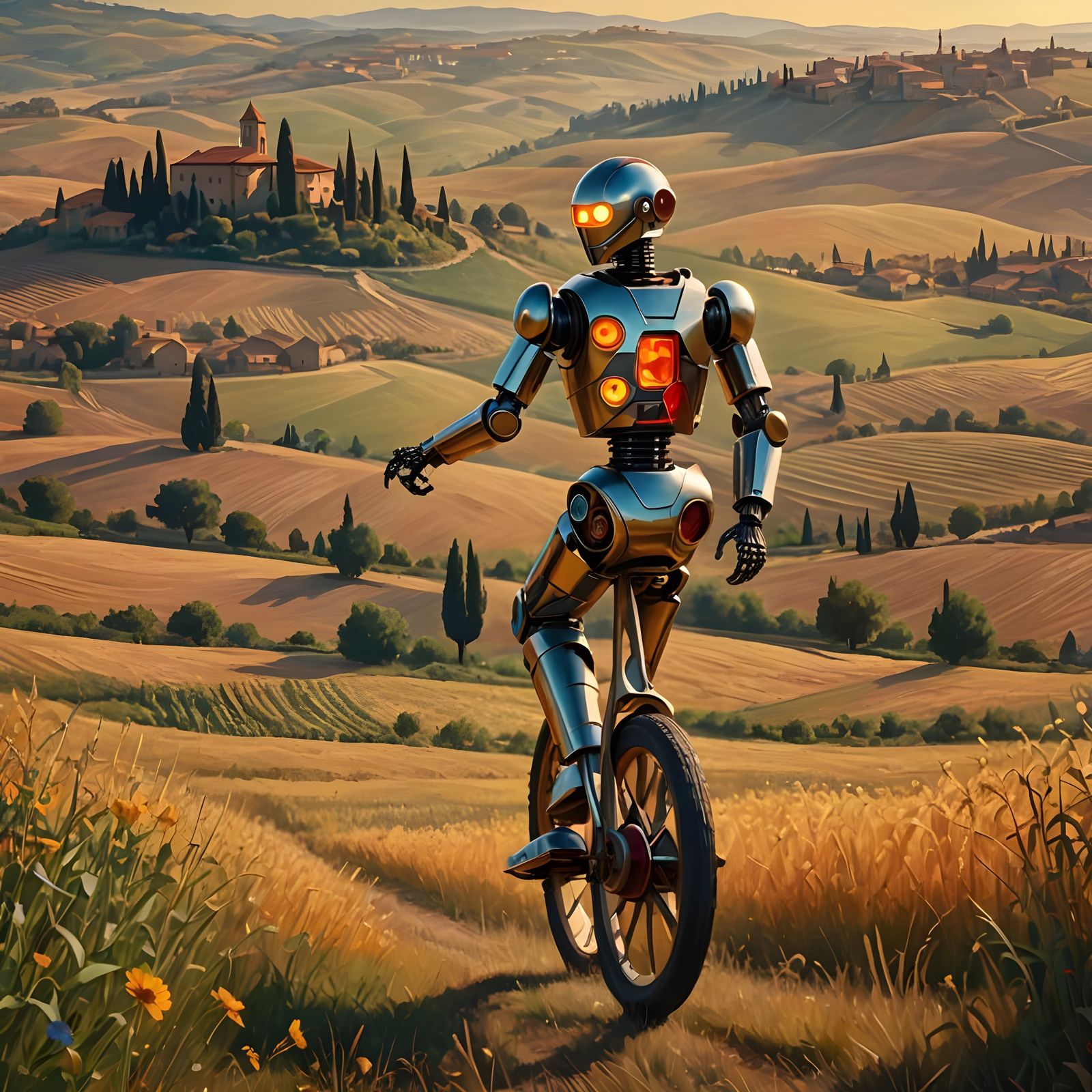 Robot Unicyclist in Tuscany: Kandinsky-Inspired Sunset