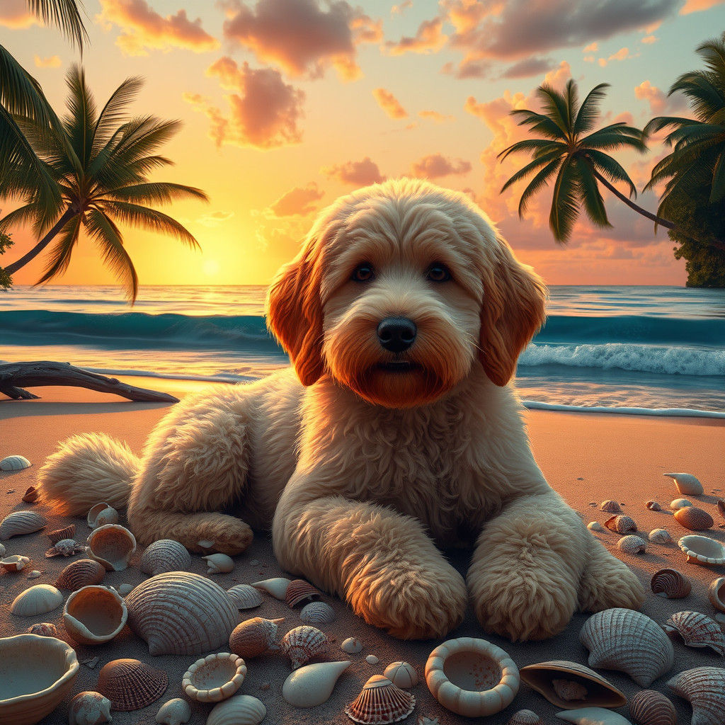 Goldendoodle Lounging on Beach at Sunset: Matte Painting