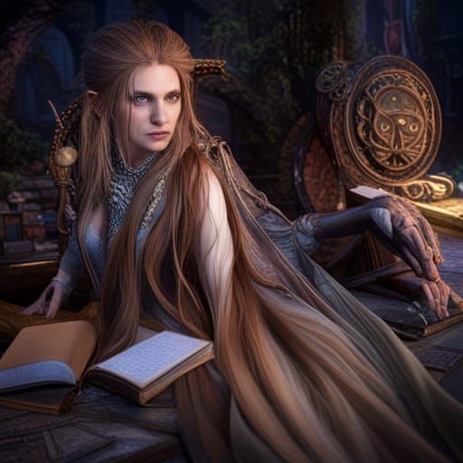 Fantastical Woman with Books in Detailed Painting