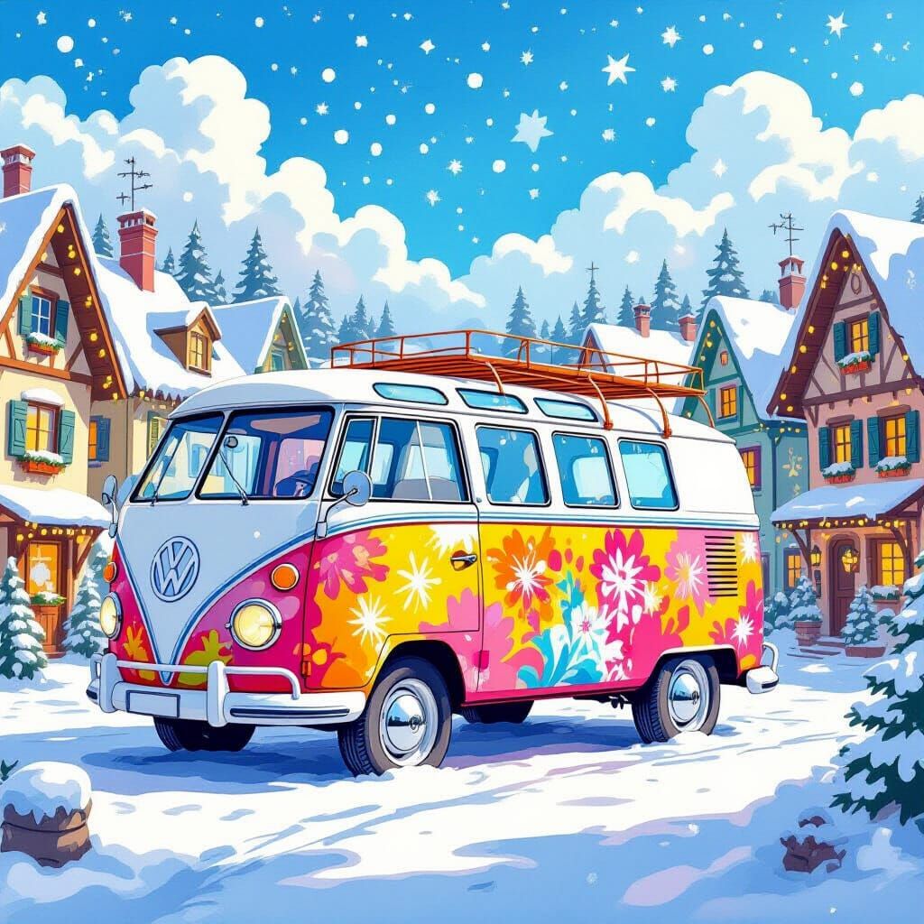Colorful Van in Snowy Village: Watercolor Illustration