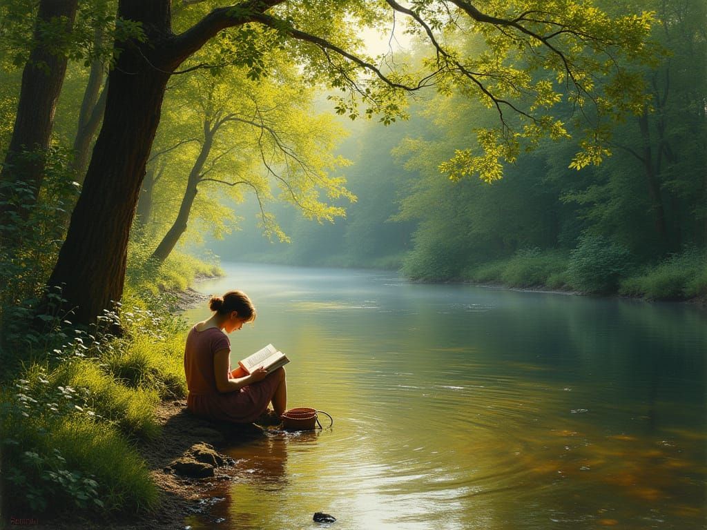 Victorian Woman Reads by Sunlit English River in Titian Styl...
