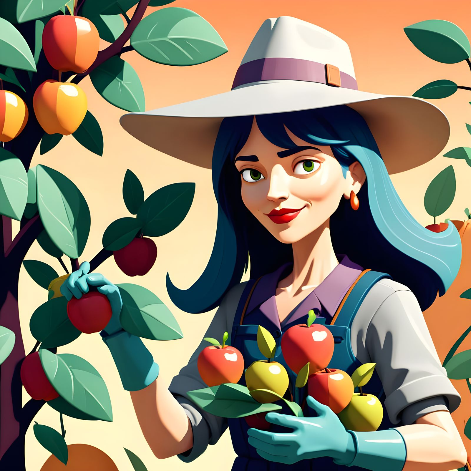 Woman Tending a Vibrant Fruit Tree in a Cinematic Disney-Ins...