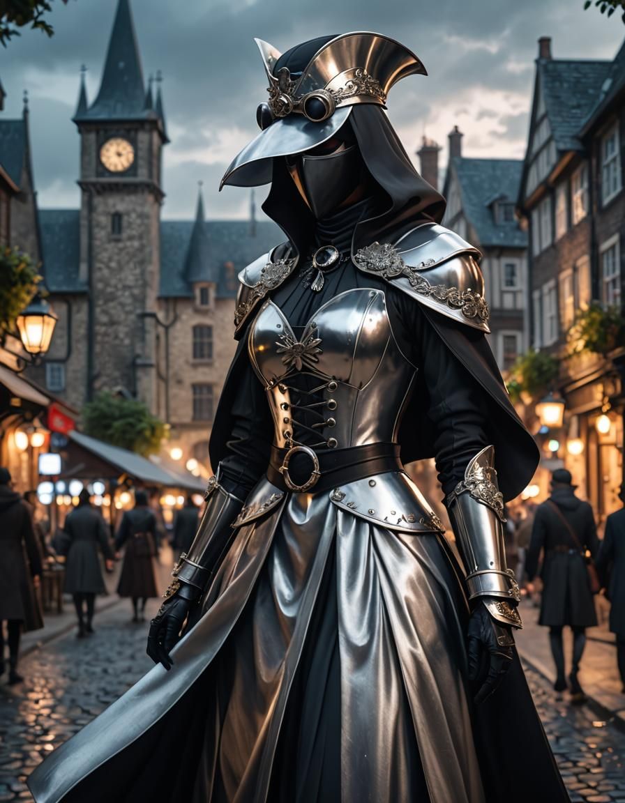 Silver Plague Doctor in Medieval London, Anime Art