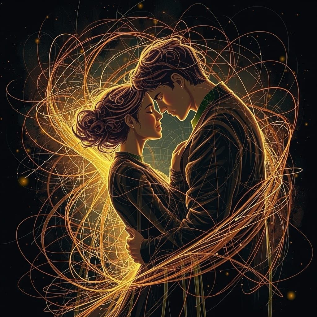 A tenderly entwined couple, wrapped in a warm, golden aura, their silhouetted forms softly defined against a velvety bla...