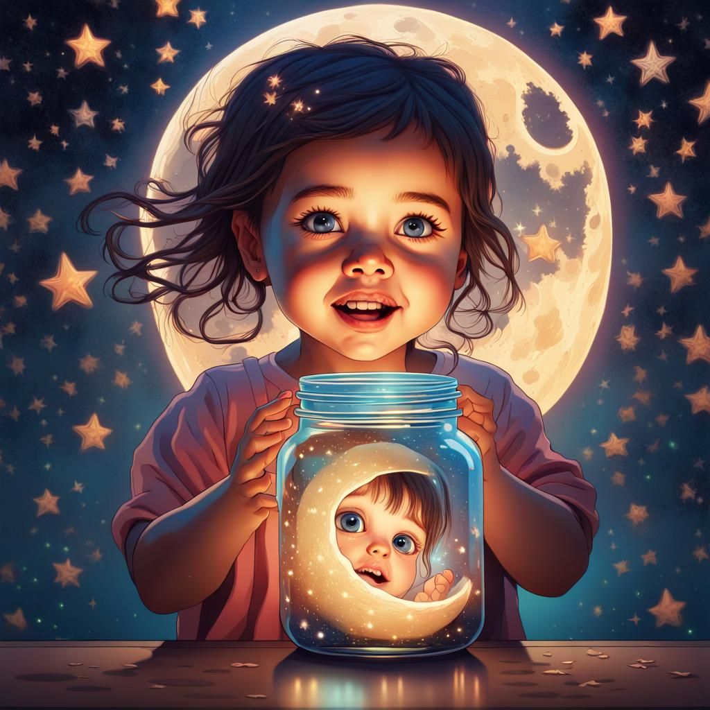 Toddler Girl Holds Moon in Jar: Hyperrealistic Art