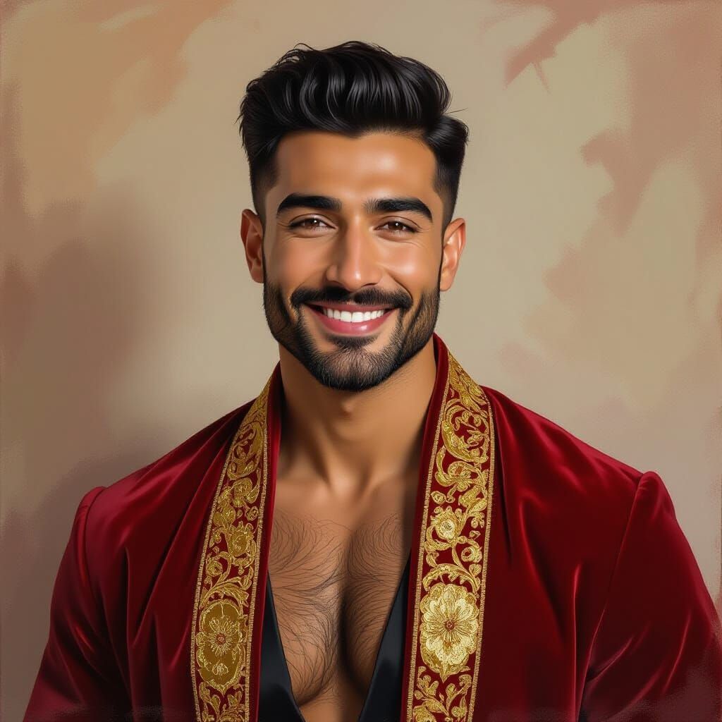 Proud Man in Red Velvet Robe as Impasto Oil Painting