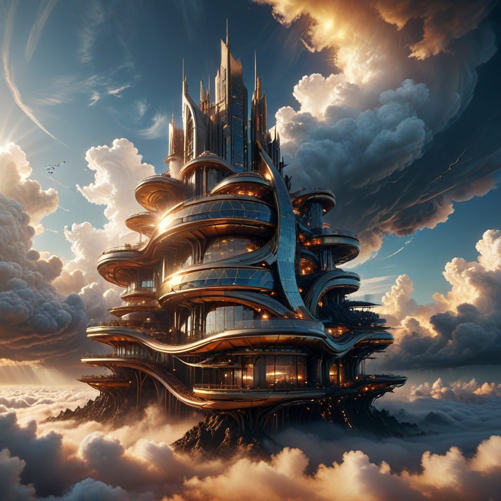 Surreal Biomechanical Cityscape in a Whirlwind of Iridescent...