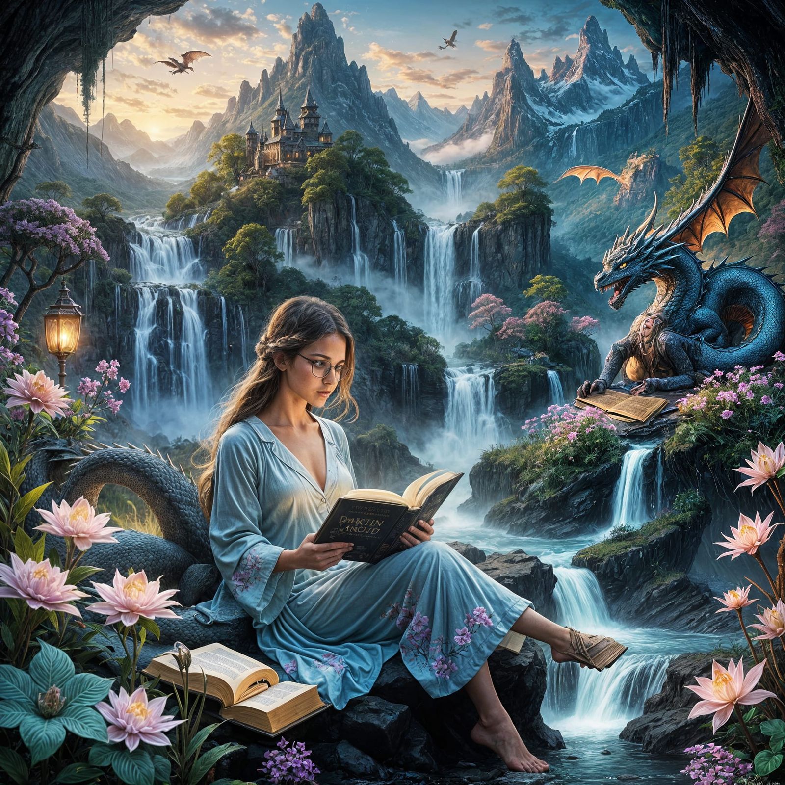 Fantasy Reader in Magical Landscape at Dusk