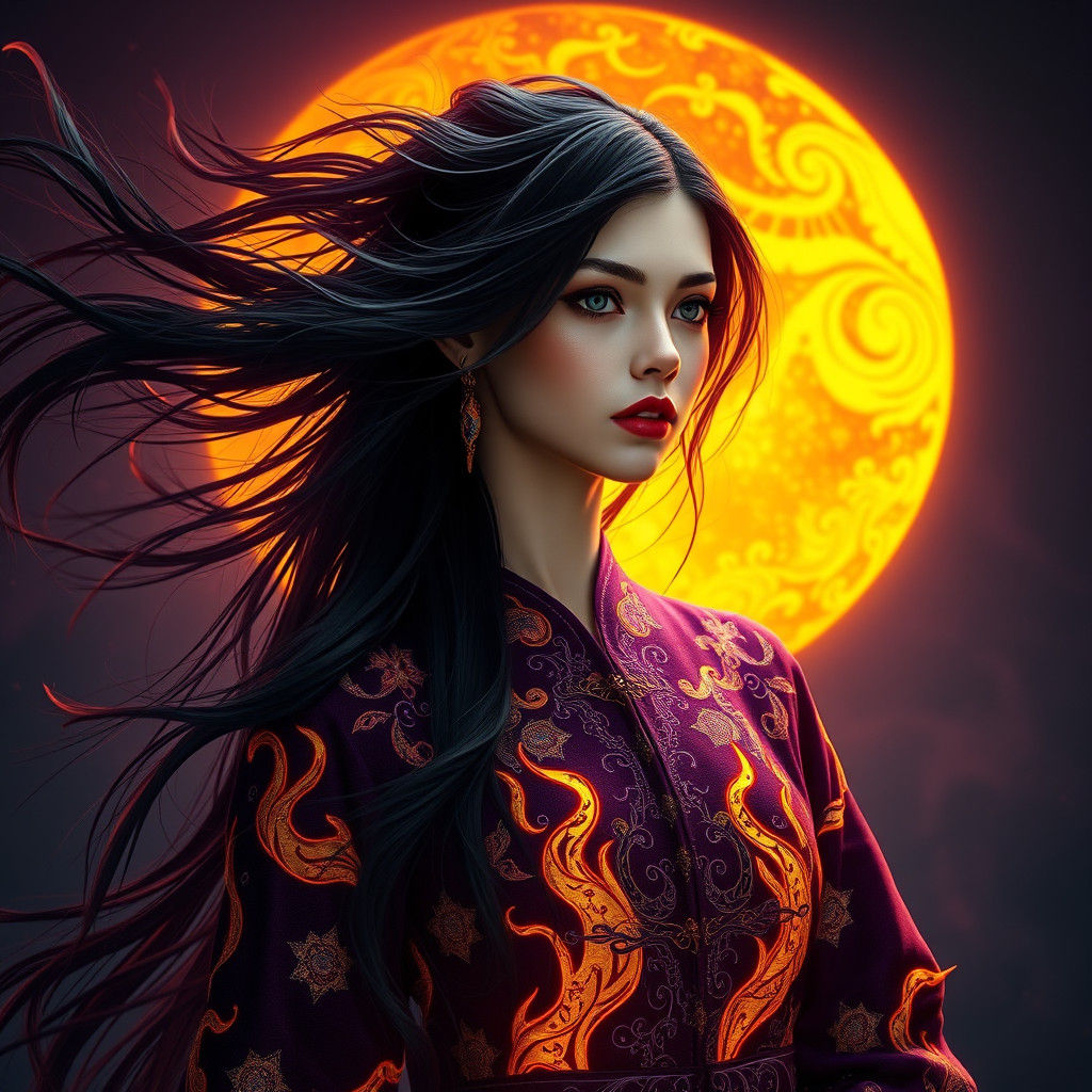 Ethereal Woman in Flame-Patterned Attire