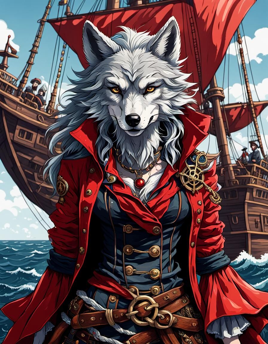 Anime Furry Wolf Pirate on Ship at Sea