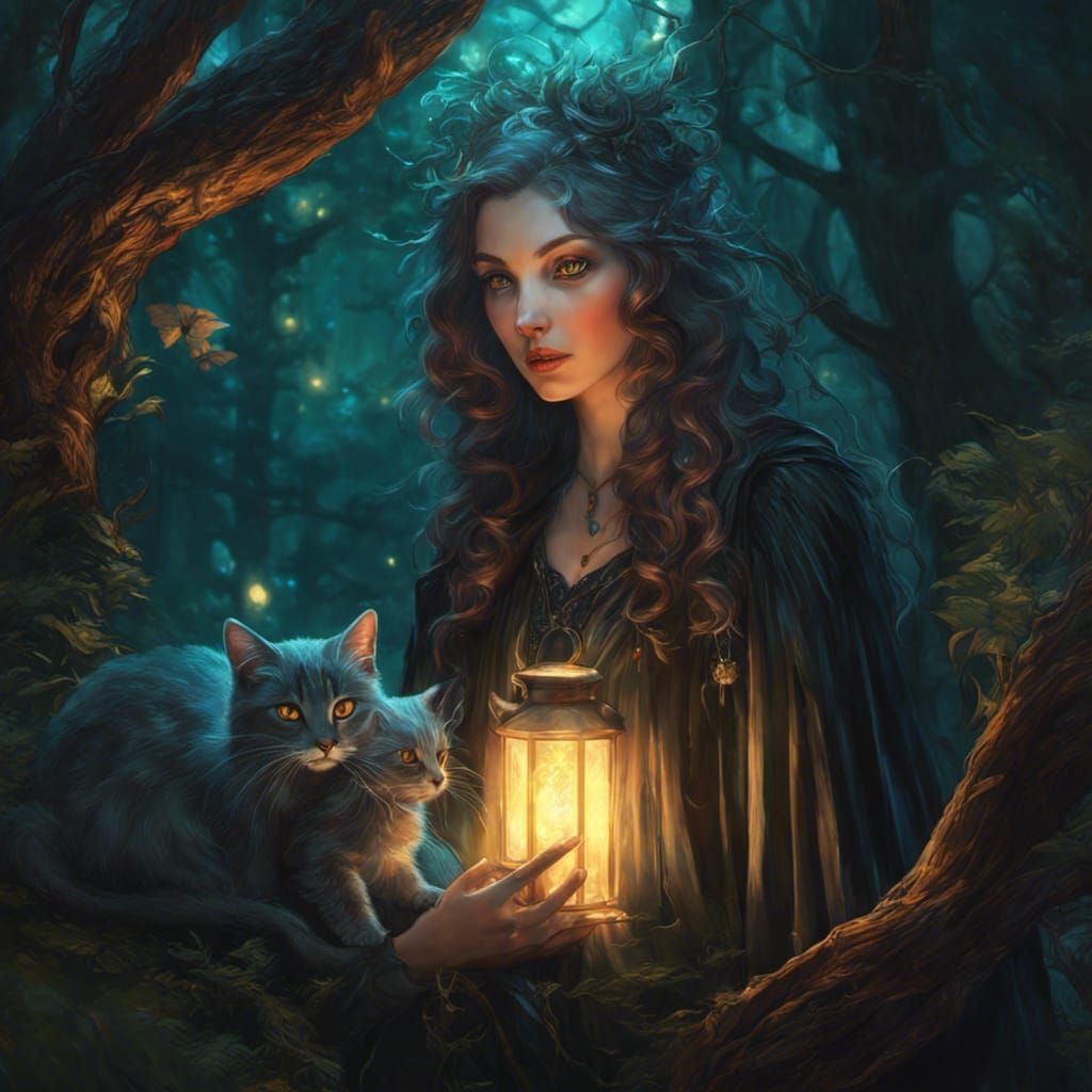 Art Nouveau Witch in Bioluminescent Forest