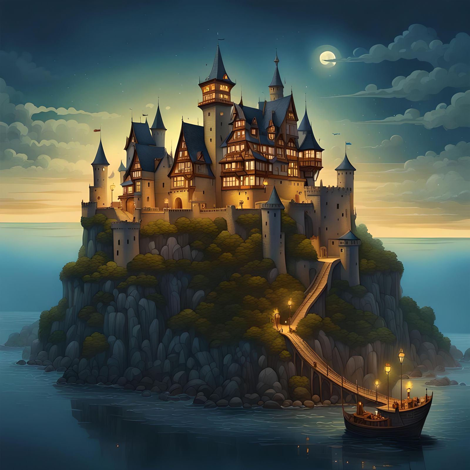 Medieval Castle on Cliff Island: Gouache Drawing