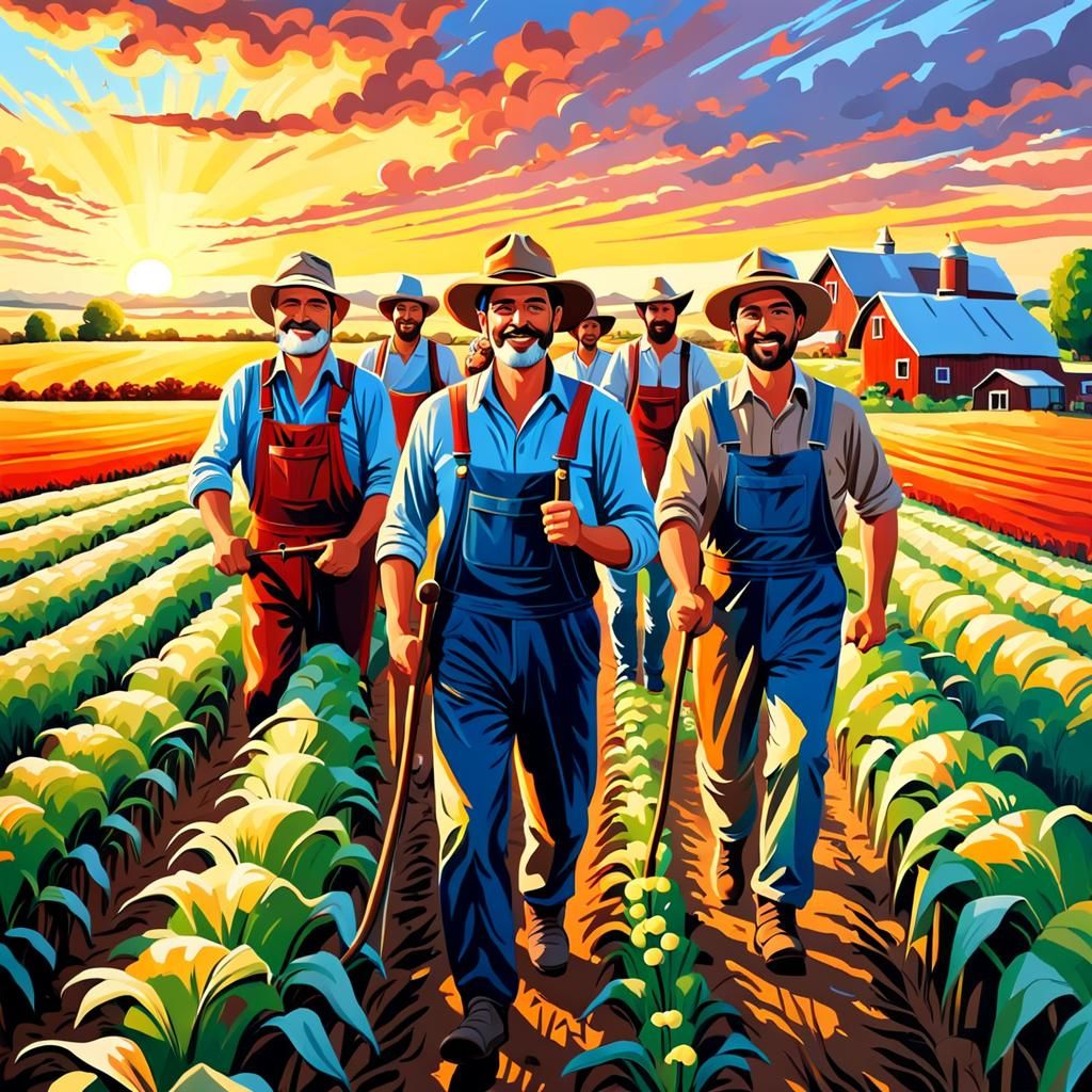 Sunset Homecoming: Impasto Painting of Farm Workers