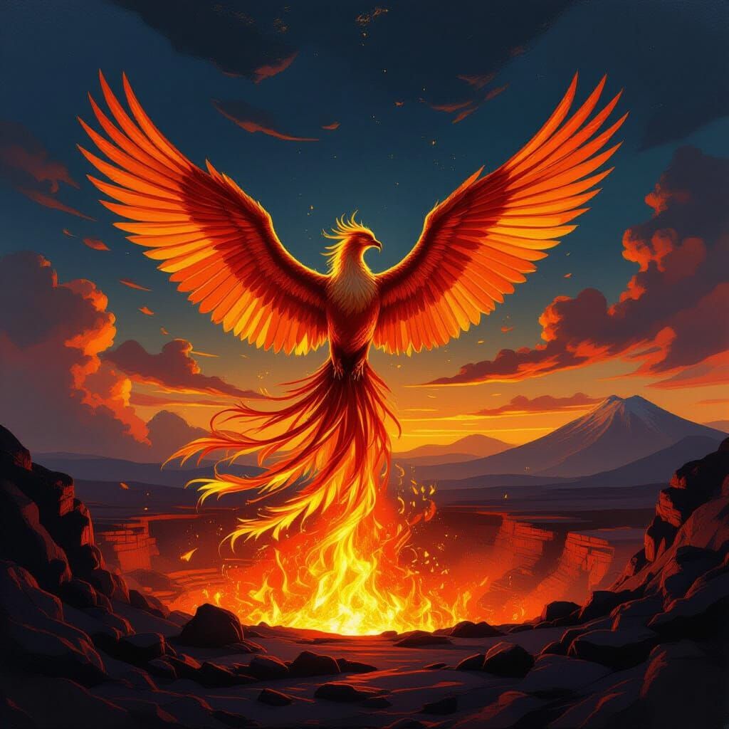 Majestic Phoenix Rises from Volcanic Caldera in Fiery Fantas...