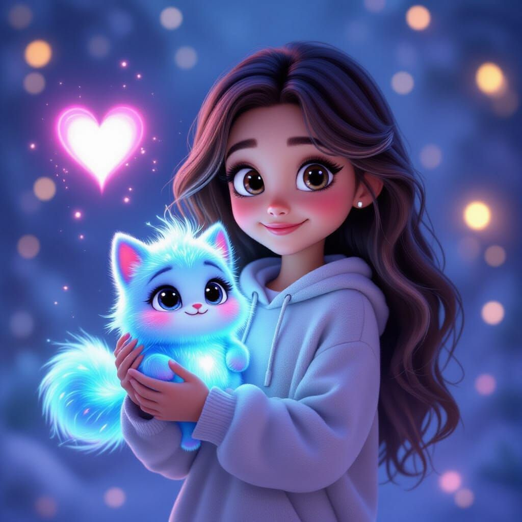 Pixar Style Girl Holding Magical Creature