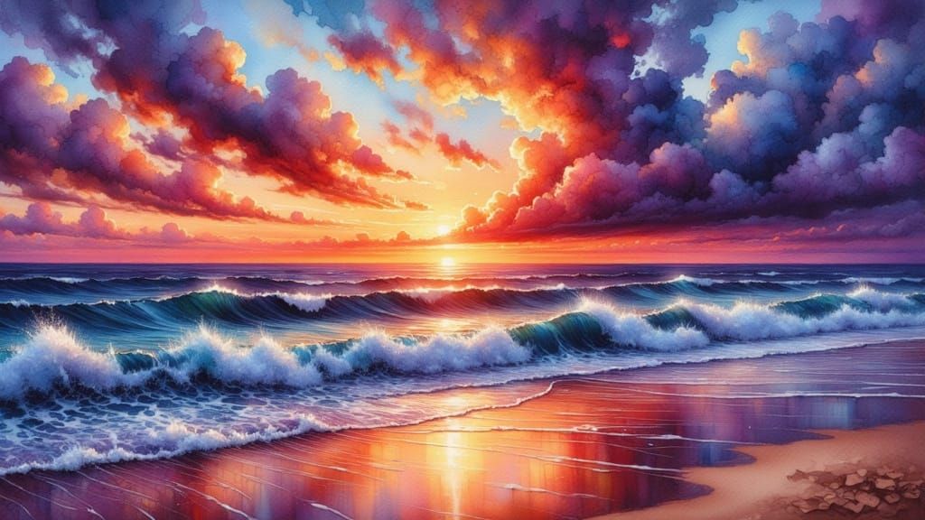 Dramatic Sunset Beach Oil Painting in Impasto Style