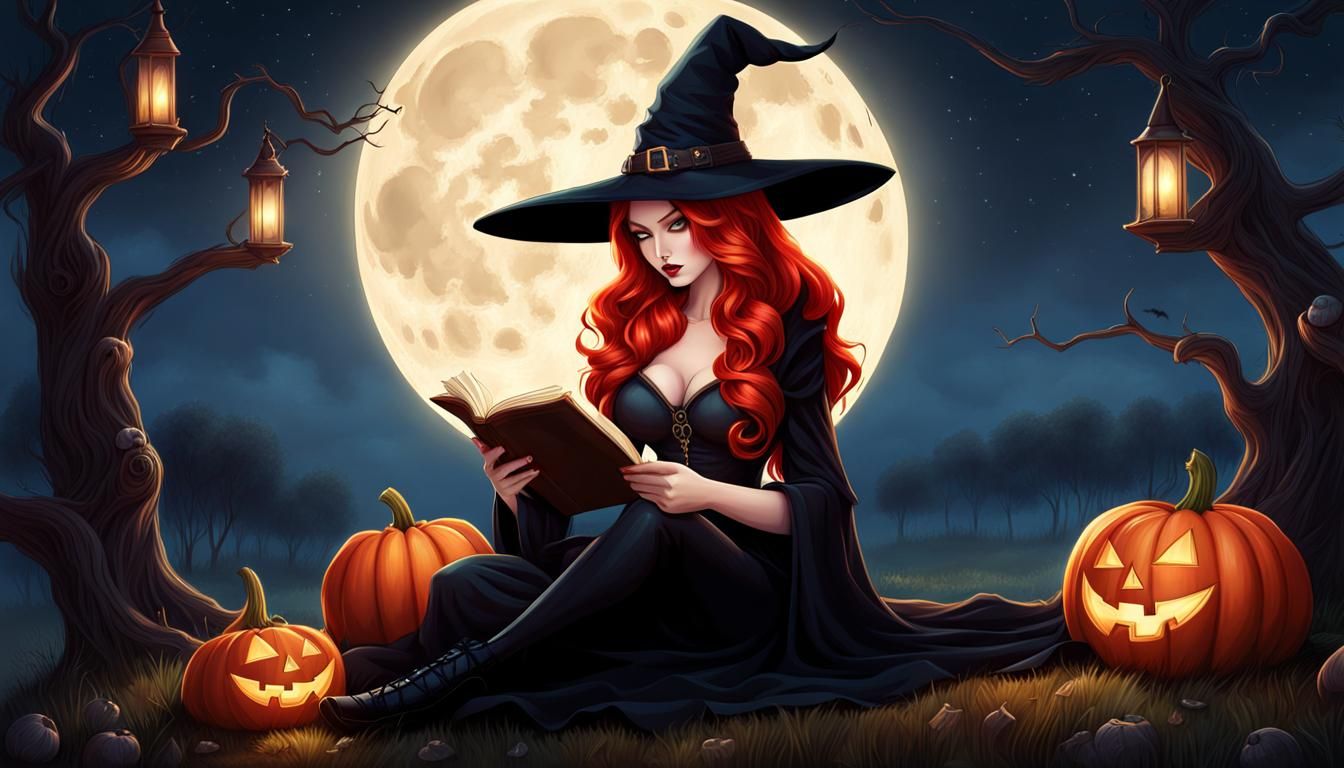 Redhead Witch Reading Book in Halloween Art Style