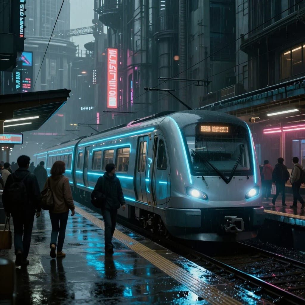 Cyberpunk Train at Neon-Lit Station