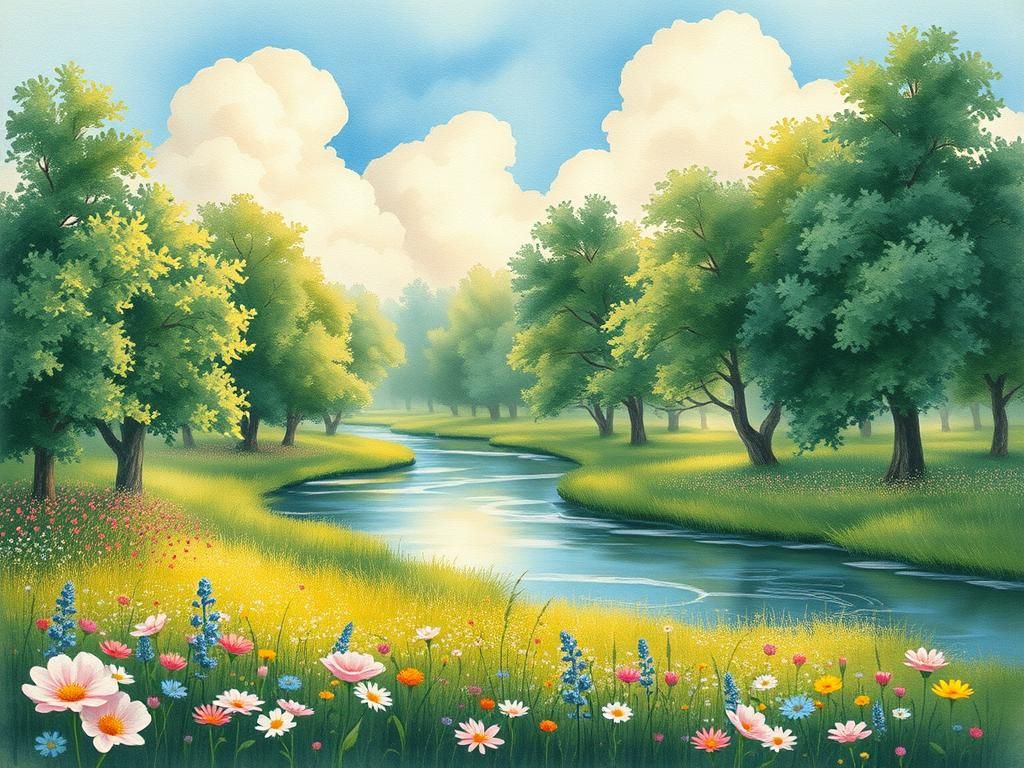 Idyllic River Scene in Watercolor Style