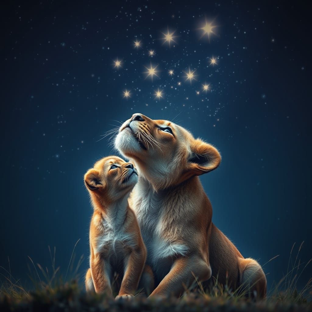 Lion Cub and Celestial Guardian in Night Sky