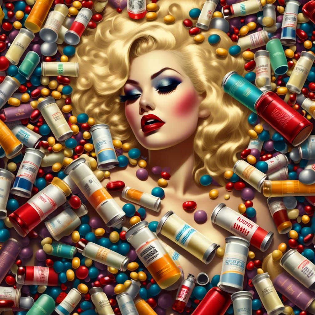 Macabre Pill Bottle Horrorscape with Plump Blonde Woman