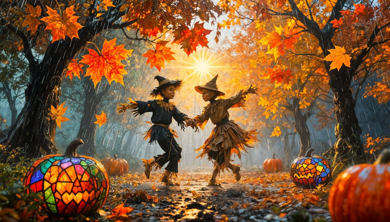 Scarecrow Couple Dancing in Autumn Rain, Impasto Style