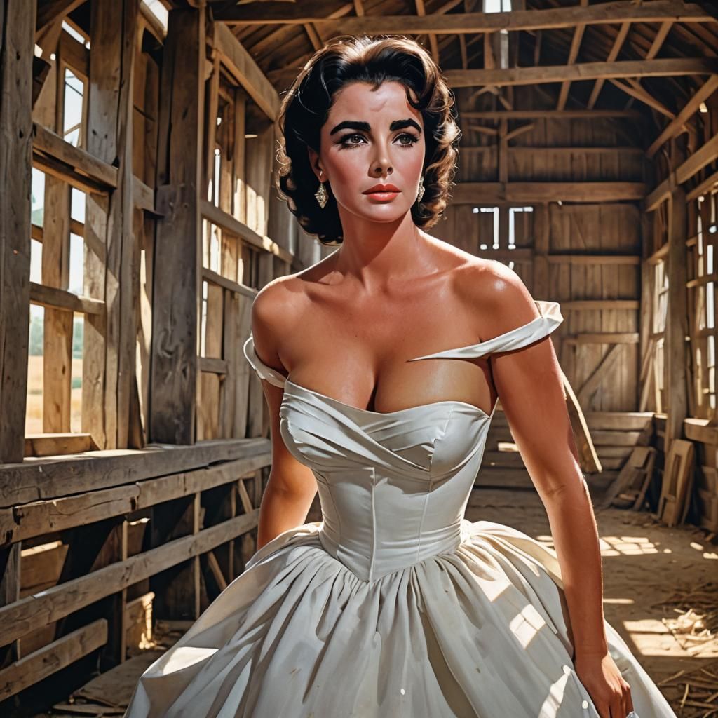 Elizabeth Taylor inside a barn