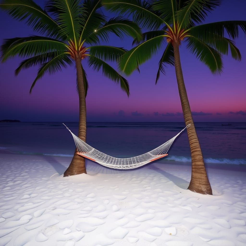 Secluded Lavender Beach at Sunset with Hammock