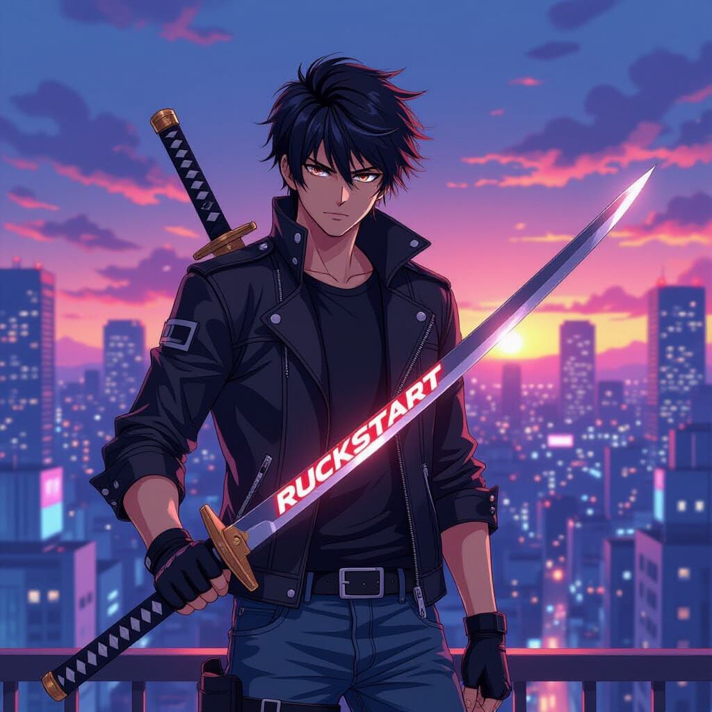 Anime Swordsman in Tokyo, Vibrant Illustration