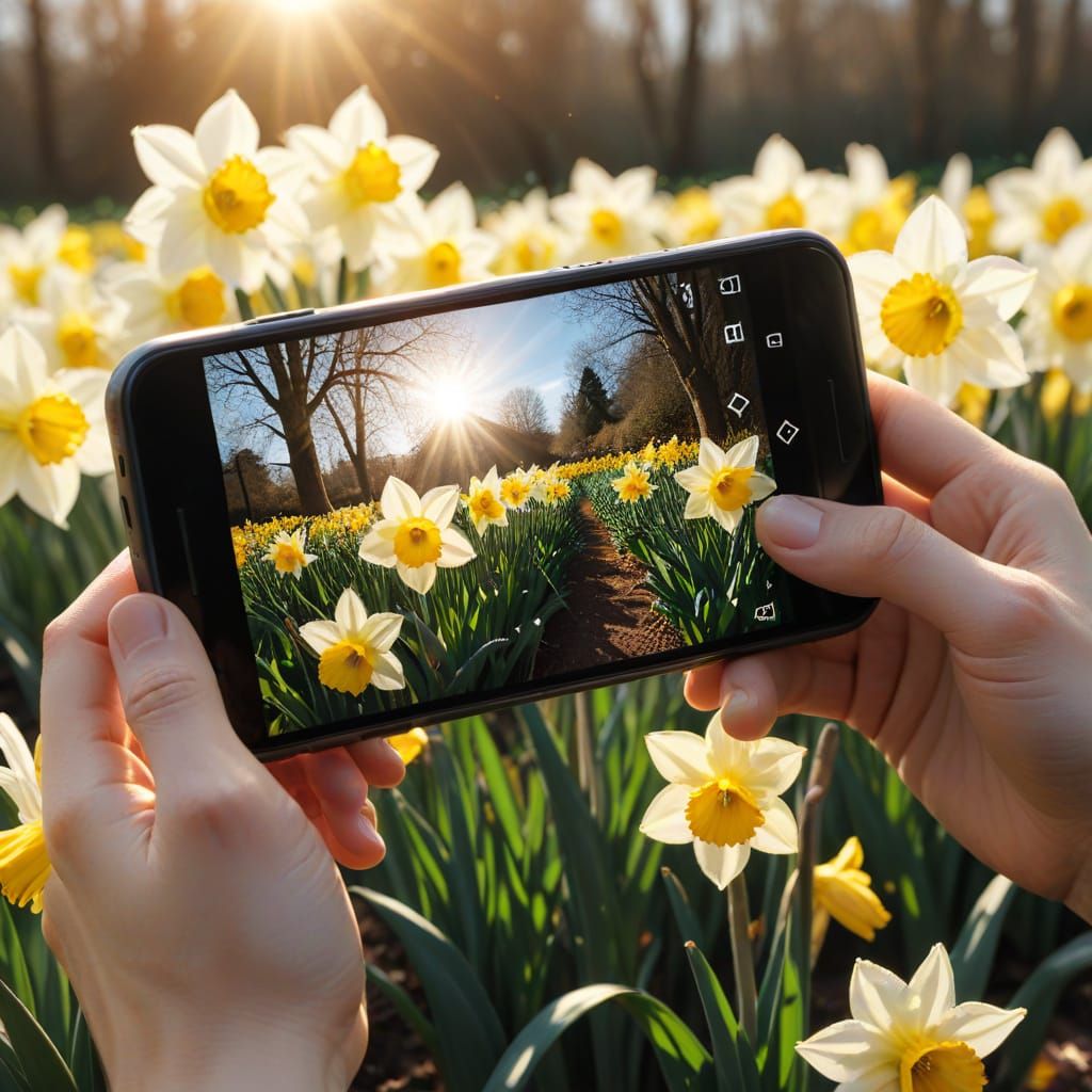 Human Hand Captures Daffodils with Smartphone in Hyper-Reali...