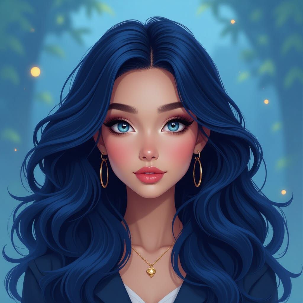 Girl with Flowing Blue Hair in Whimsical Style