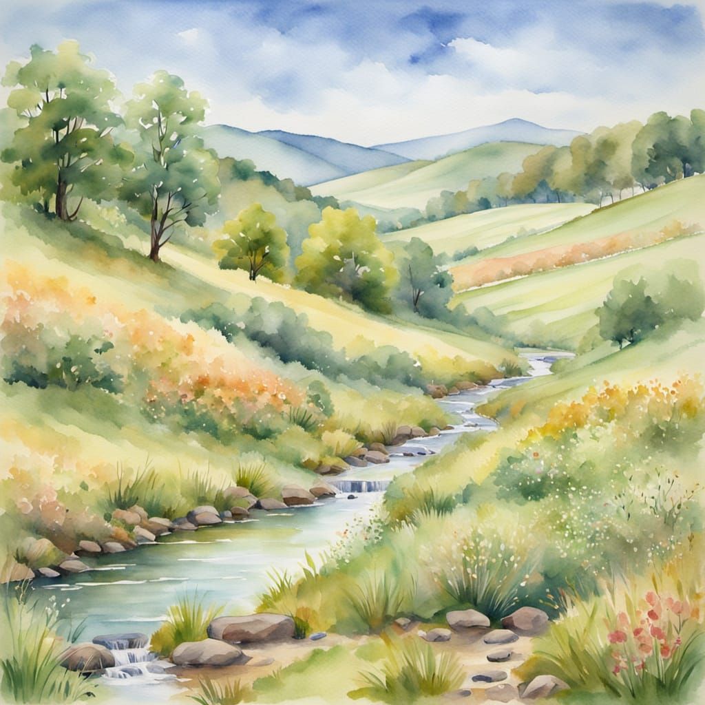 Serene Watercolor Landscape with Gentle Stream
