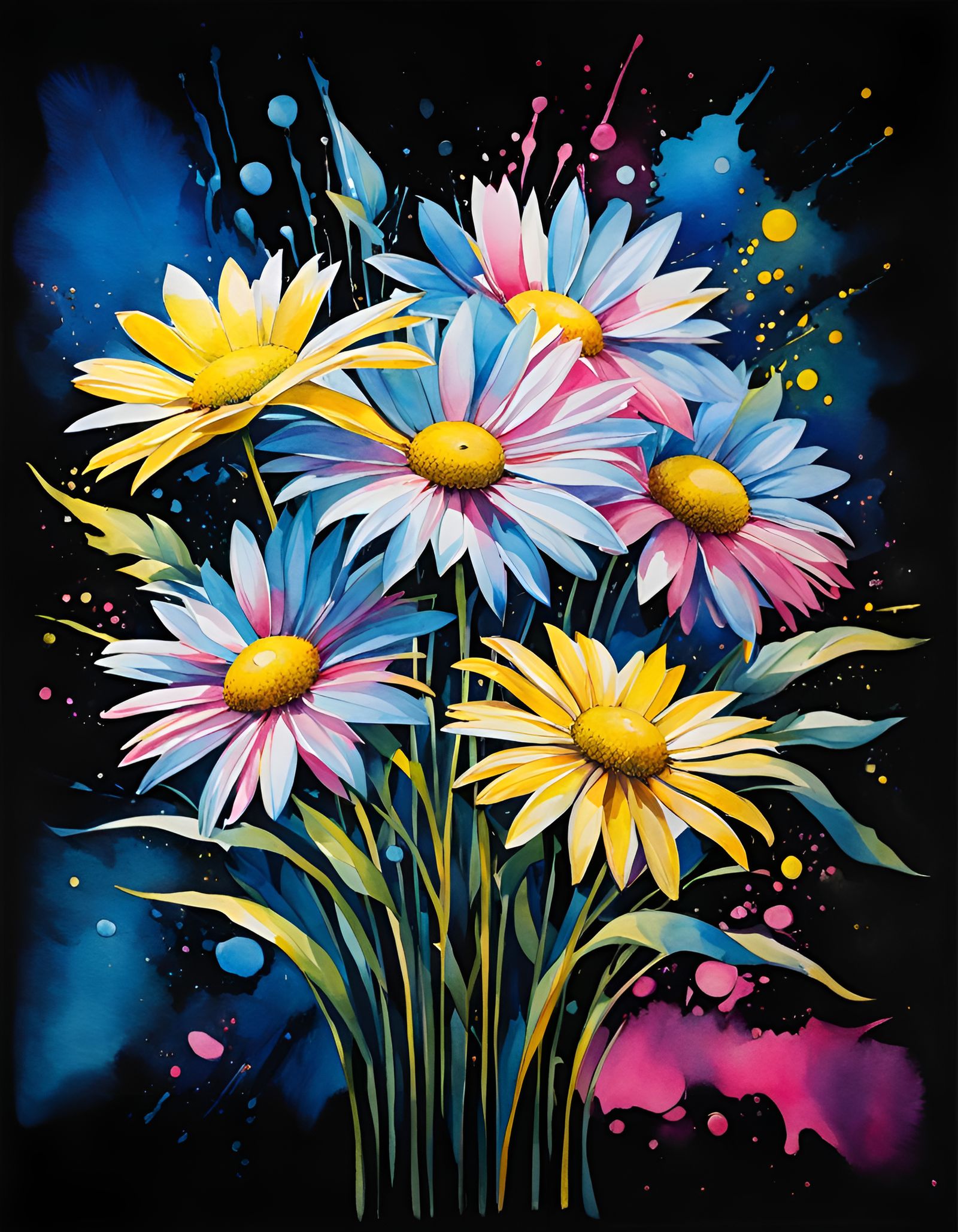 Watercolor Posie of Daisies in Cubist Style