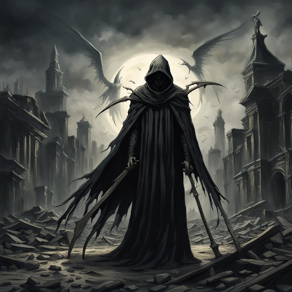 Angel of Death in Ruined Cityscape