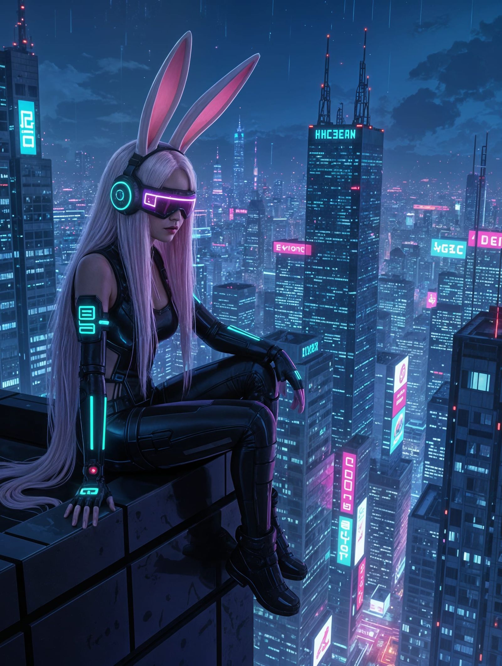 Cyberpunk Watcher Perched on Rooftop