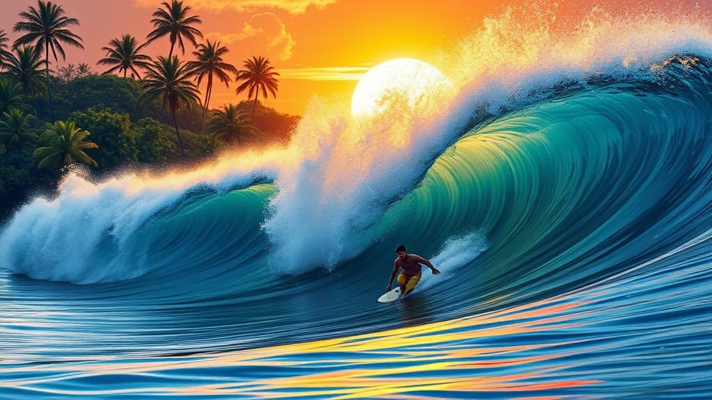 Surfer Riding Majestic Pipeline Wave at Sunset