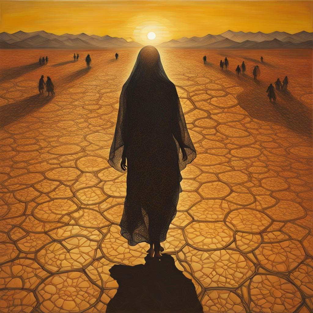 Desert Sunset Oil Painting with Silhouetted Figures