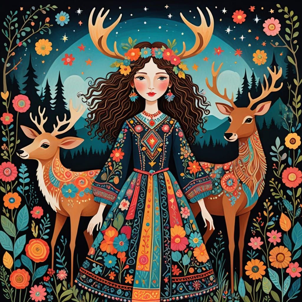 Boho Girl Rides Whimsical Moose in Fantastical Landscape