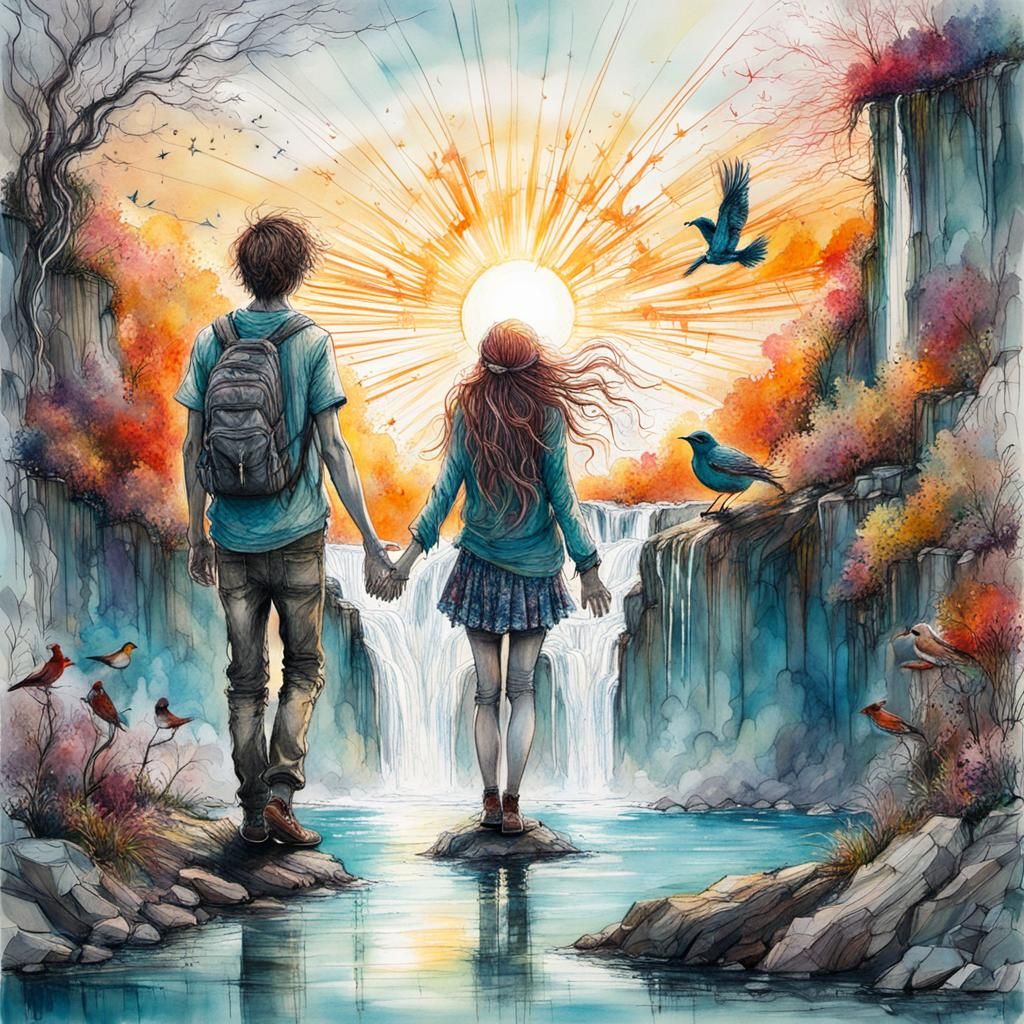 Whimsical Waterfall Scene with Children in Zentangle Style