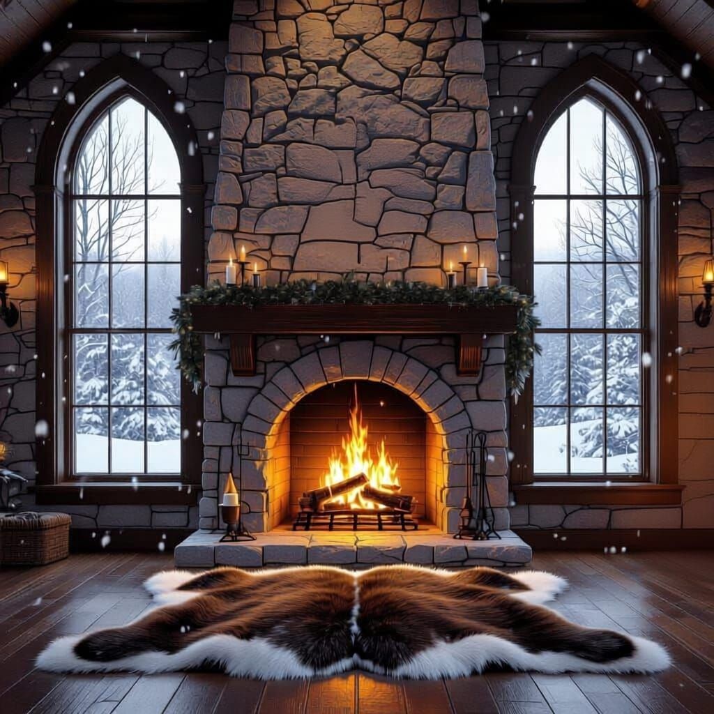 Cozy Winter Fireplace Scene with Snow Outside