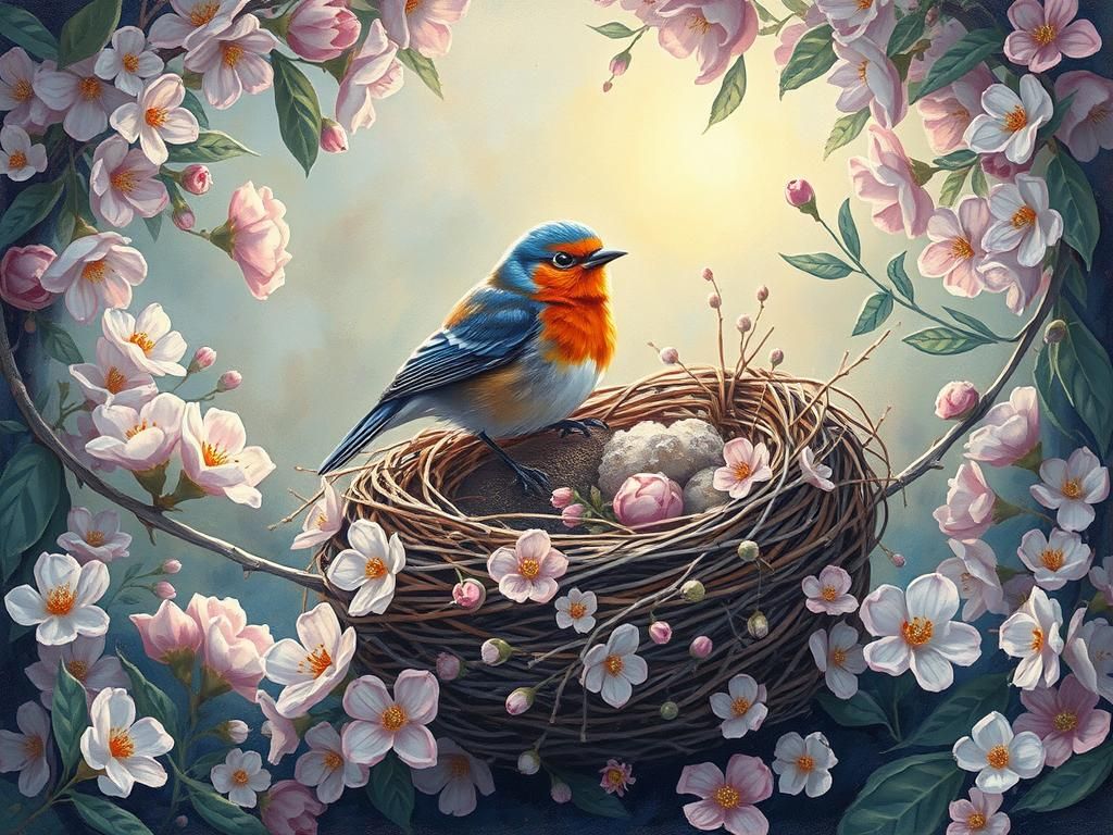 Bird on Flower Nest in Ethereal Style