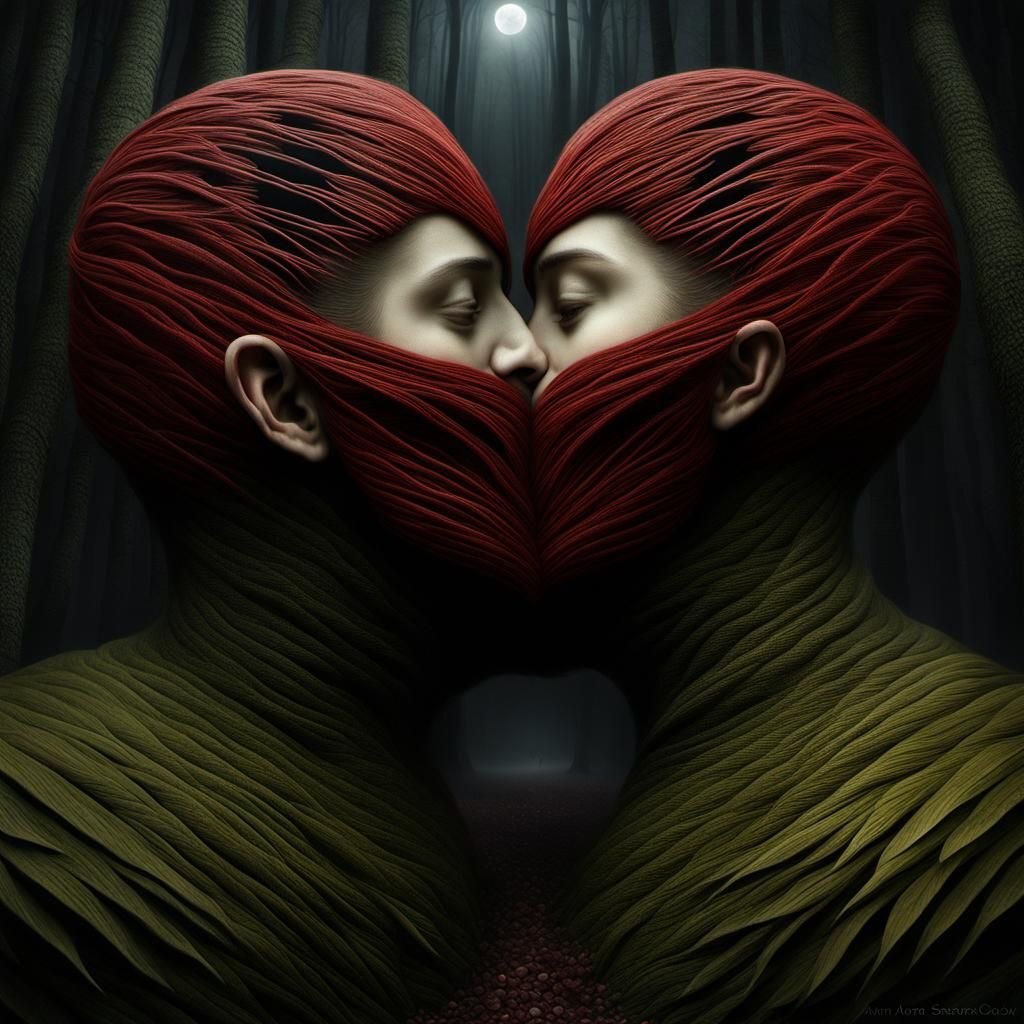 Passionate Lovers Kiss in Dimensional Mixed-Media
