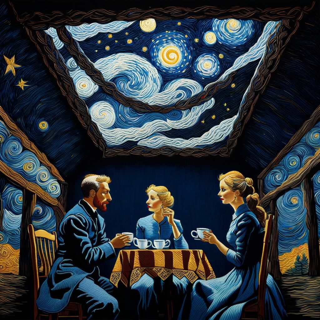 Embroidered couple Intricate stitches  having tea looking up an embroidered version of  starry night by   van gogh