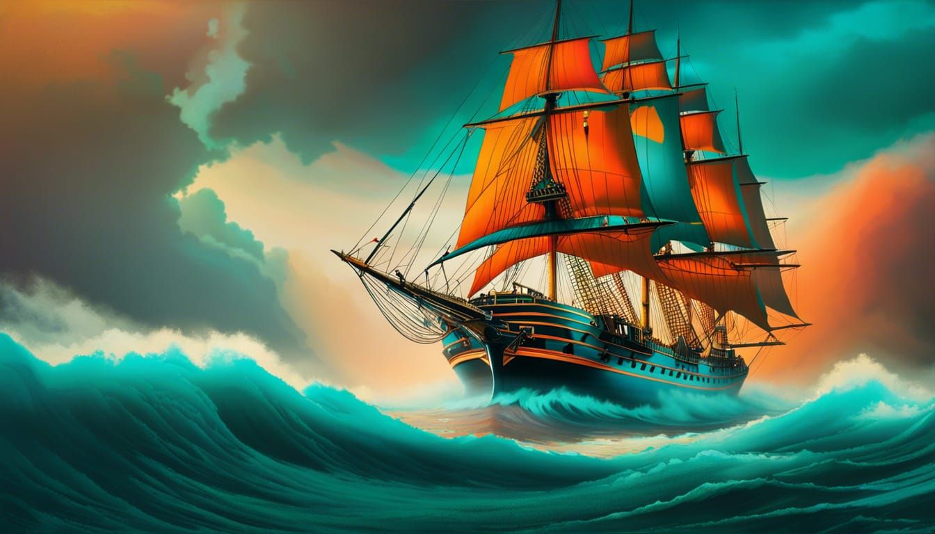 Clipper Ship Emerges from Fog in Baroque Style