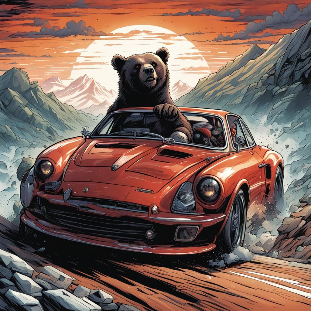 Bear Car Racer in Comic Book Style
